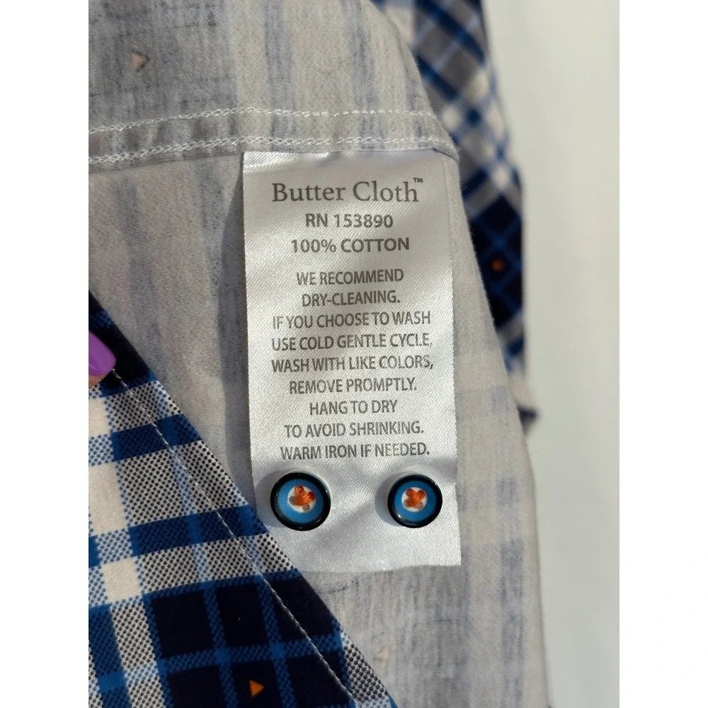 Butter Cloth Mens 2XL Blue White Plaid Long Sleeve Button Down Cotton‎ Shirt